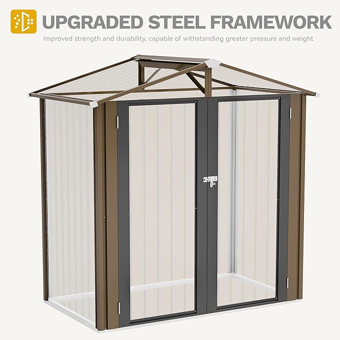 DWVO 6x4ft Metal Outdoor Storage Shed, Waterproof Tool Shed Heavy-Duty Storage Unit with Lockable Door and Vents, Ideal for Bicycles, Tools, Lawnmowers, Backyards, Patios, Lawns - Brown