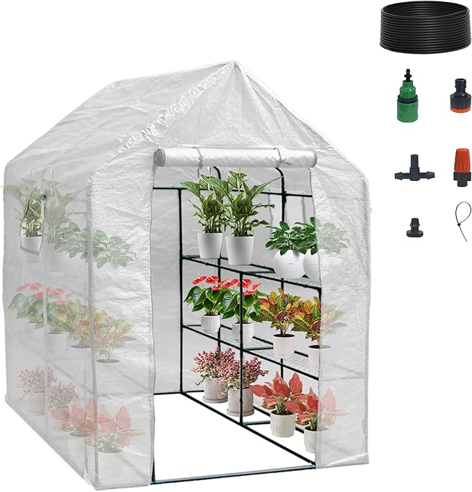 56" x 56" x 77" Portable Walk-in Greenhouse with Windows, Shelves and Anchors, Indoor Outdoor Greenhouse with Watering System, Zippered Door and Windows, PE Cover, White