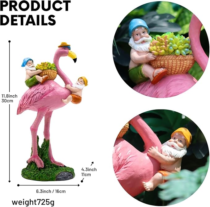 Gnomes Flamingo Garden Statue – Resin Sculpture for Yard, Patio or Lawn Decor – Funny Garden Gnome Gift for Mom, Women, Friends (No Lights)
