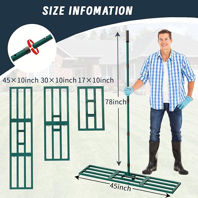 Lawn Leveling Rake Heavy Duty Stainless Steel Lawn Leveler Tool 45”x10” with 78” Adjustable Long Handle Yard Level Rake for Soil, Ground,Backyard Dressing,Golf Field,Garden Tools Grass Seed