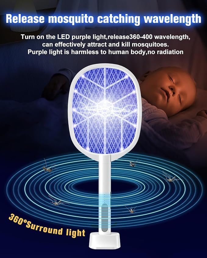 2PACK Electric Fly Swatter,4000V Bug Zapper Racket,2 in 1 Mosquito Zapper Racket with 1200ml Battery Rechargeable Purple Mosquito Killer Lamp with 3 Layers Safety Net Suitable for Indoor and Outdoor