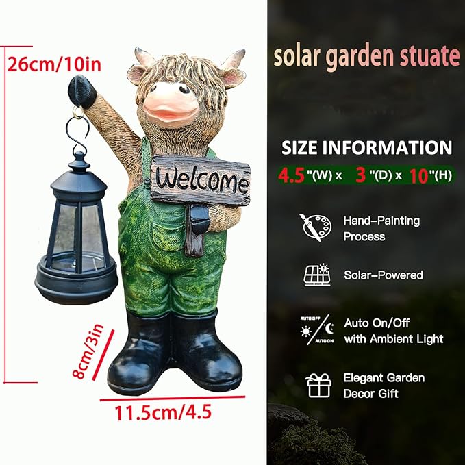 Solar Garden Decor Statues: Handmade Resin Statue with LED Light,Highland Cow Figurine Outdoor Garden Decor Unique Gifts for Women, Mom, Grandma (Green cow1)
