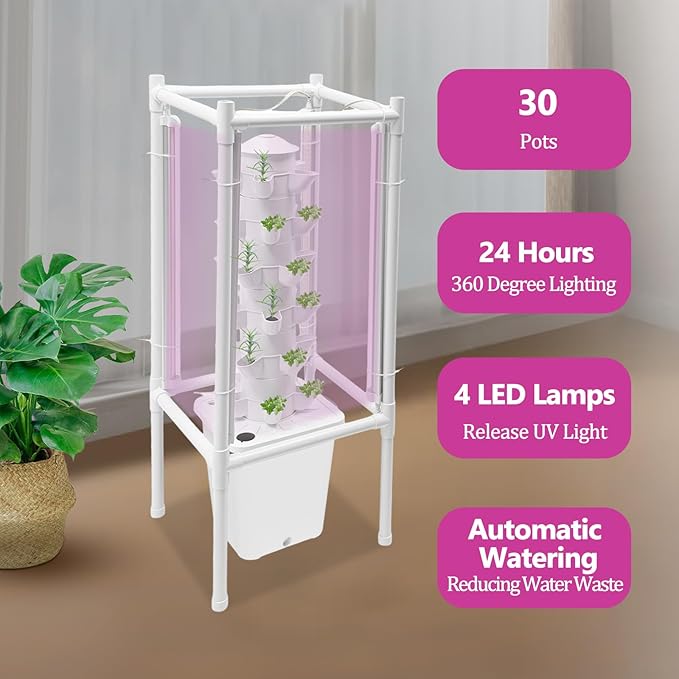 Hydroponic Growing System, Planter Germination Tower with Pump, 30 Pods Indoor Gardening Vertical Garden Planter Indoor Smart Garden Kit for Gardening Lover Herbs,Fruits (White)