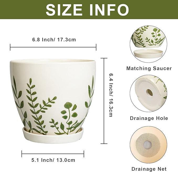 6.8 Inch Plant Pot - Ceramic Planter for Indoor Plants, Flower Pot with Drainage Hole and Saucer, Decorative Boho Round Outdoor Planter, Housewarming Gifts, Garden Room Decor, White