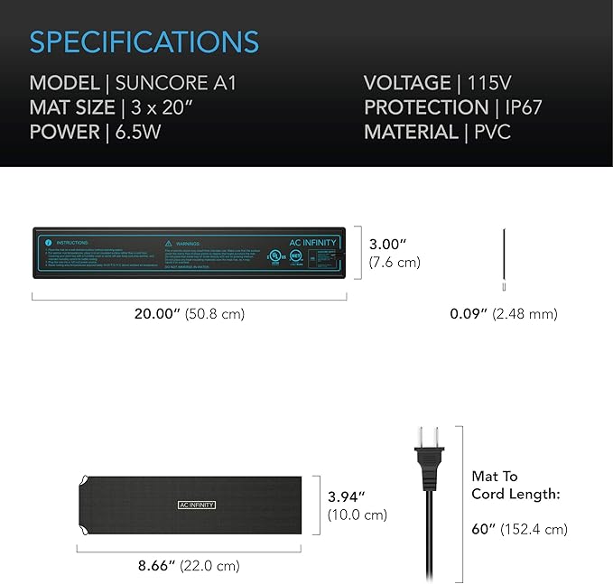 AC Infinity SUNCORE A1, Waterproof Seedling Heat Mat 3" x 20" MET & UL-Certified Heating Pad for Indoor Gardening, Hydroponics, Germination, Cloning