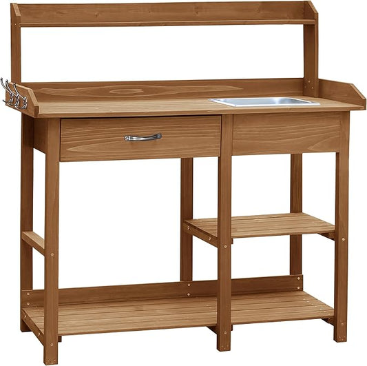 BlueWish Potting Bench, Potting Benches for Outside, Potting Benches & Tables with Drawer, Adjustable Shelf Rack, Removable Sink, Three Hook