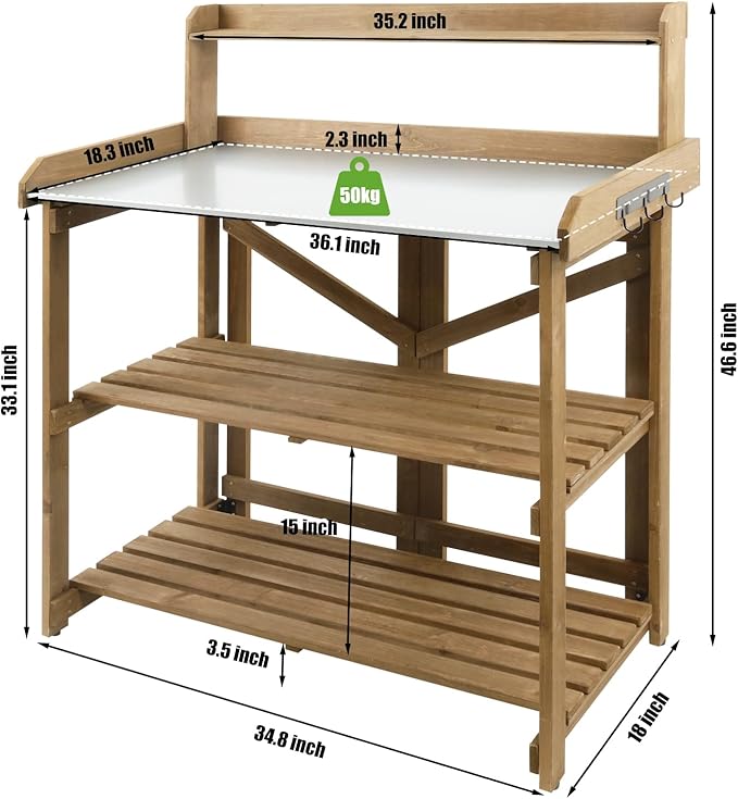 Folding Garden Potting Bench Table，Outdoor Wooden Work Station W/Metal Table Top,2 Tier Open Storage Rack,Top Shelf-Natural Stained
