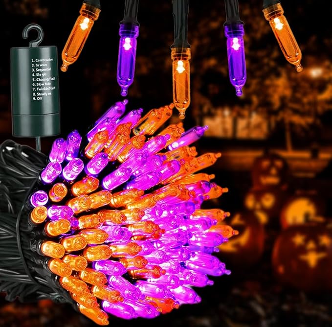 Joomer Orange Purple Halloween Lights - Battery Operated 33ft 100 LED String Lights, Waterproof Outdoor Indoor with 8 Modes Timer for Party, Garden, Halloween Decor