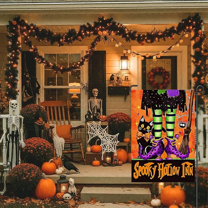 Halloween Black Cat Garden Flags for Outside 12x18 Inch Double Sided Burlap, Spooky Hollow Inn Welcome Sign Small Flag Farmhouse Holiday Yard Lawn Outdoor Decorations DF874