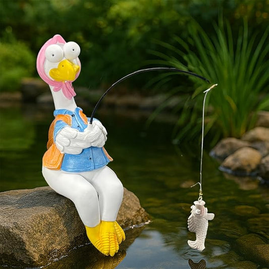 Chicken Fishing Statue Garden Decor – 9.8" Weatherproof Resin Chicken Fishing Sculpture Decor for Fish Ponds, Koi Ponds, Waterfalls, Poolside/Outdoor Gardens– Resin Figurine for Indoor/Outdoor Décor