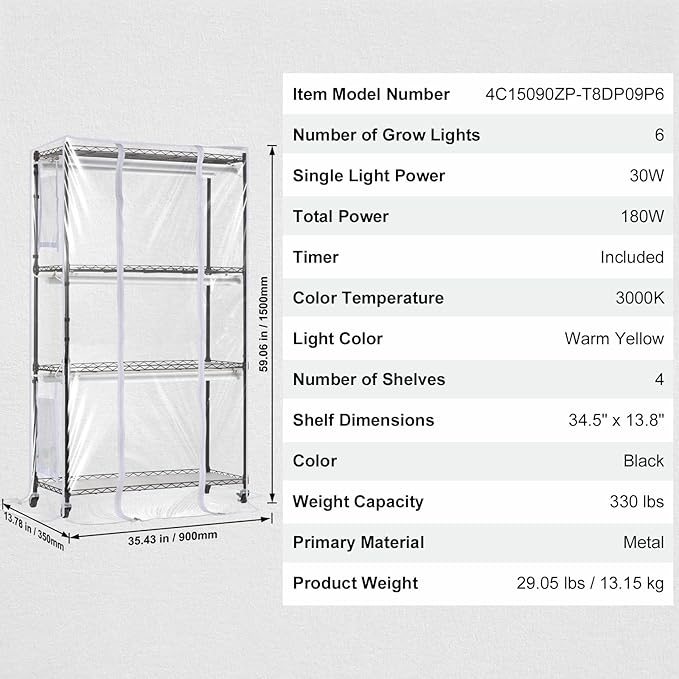 VEVOR Plant Stand with Grow Light, Grow Light Shelf with Cover and Thermometer, 4 Tiers 180W Plant Shelf with Grow Light, Full Spectrum Light Mini Greenhouse Plant Stand with Timer for Seed Starting