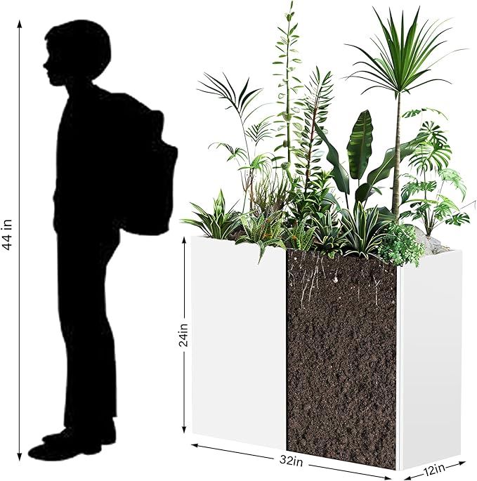 Heavy-Duty Galvanized Steel Planter with Removable Insert Shelf & 4 Drainage Holes - 32x12x24 Inches Large Size Outdoor/Indoor Garden Pot, White