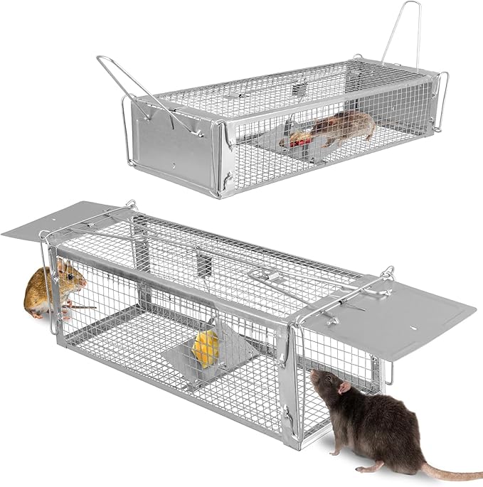 iMounTEK Dual Door Rat Trap Cage Humane Live Rodent Dense Mesh Trap Cage Zinc Electroplating Mice Mouse Control Bait Catch with 2 Detachable U Shaped Rod
