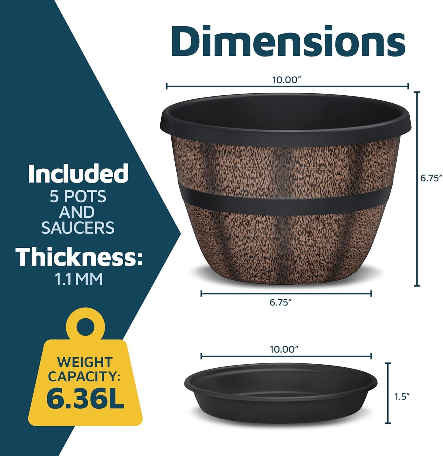 10-Inch Whiskey Barrel Planters Outdoor Pack of 5 - Durable Plastic Plant Pots for Indoor & Outdoor Use with Drainage & Saucer, Lightweight Rustic Barrel Planters for Flowers, Herbs & Small Plants