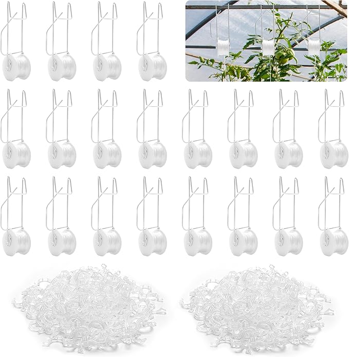 Coitak 20PCS Tomato Roller Hooks with 200PCS Tomato Support Clips, Plant Climbing Hook with 50ft String for Tomato Flower Vine Crop Trellis Kit