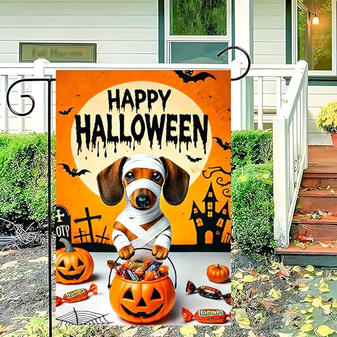 Halloween Garden Flag 11.81 x 17.72 Inch Dachshund Dog in Mummy Costume with Pumpkin Candy Bucket Full Moon and Bats Outdoor Yard Decoration for Holiday Party