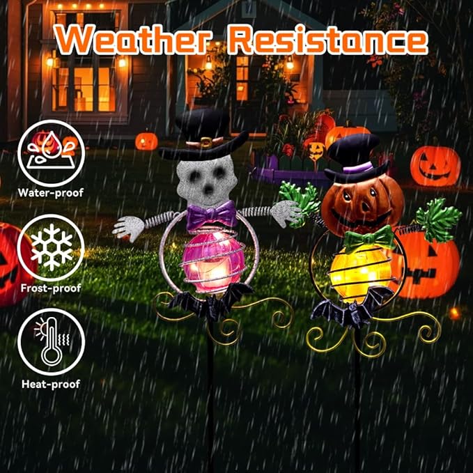 Solar Halloween Decorations Outdoor,2 Pack Pumpkin＆Skull Halloween Metal Yard Stakes,Solar Yard Signs Decorative Garden Stakes for Outside Lawn Patio Pathway