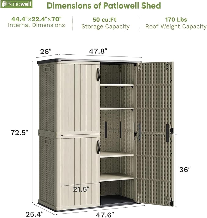 Patiowell 50 cu.ft Plastic Outdoor Storage Shed, Lockable Waterproof Resin Storage Cabinet Vertical Storage Shed for Garden Tools, Garbage Cans, Pool Supplies, Beige(Not Include Shelves)