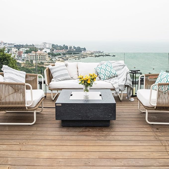 Manhattan Concrete Fire Pit 36" x 36" Outdoor Patio Firepit Includes Lava Rocks Modern Fire Pits & Outdoor Fireplaces for Garden, Deck, Indoor & Outdoor Heating