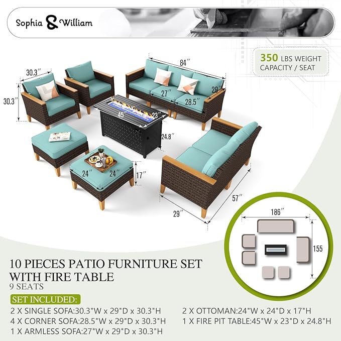 Sophia & William Patio Furniture Set with Fire Pit Table, 10 Piece Outdoor Wicker Furniture Sectional Sofa, Extra Large Patio Rattan Conversation Set with Ottoman & 45" Fire Pit Table(Aqua Blue)