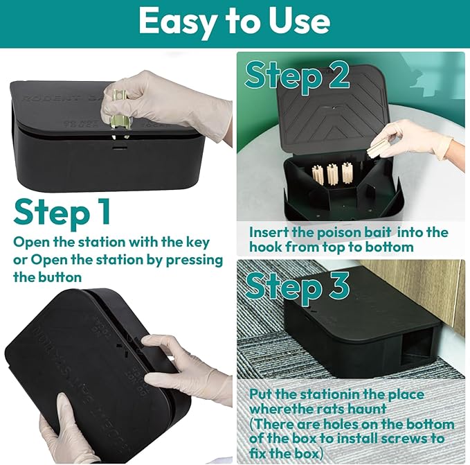 Rat Station Box with 1 Key, Complete Rodent Solution Keeps Rats Away, Pet & Child-Safe, Lock & Key Available, Reusable & Long-Lasting, Indoor & Outdoor, 4 Pack