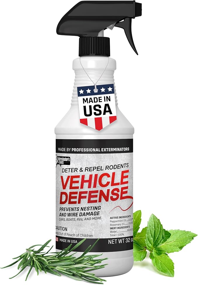 Exterminators Choice Vehicle Defense Spray for Cars & Trucks - 32 oz - Anti-Squirrel Peppermint & Garlic Formula - Repels Mice & Rats - Safe for Kids & Pets