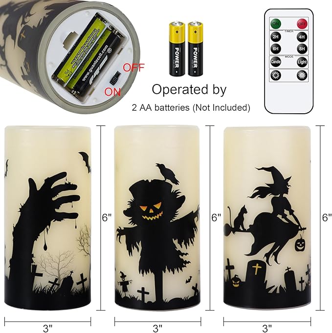 DRomance Halloween LED Flameless Pillar Candles Battery Operated Remote and Timer Real Wax Yellow Light Flickering Scarecrow Witch Ghost Hand Decals Halloween Candles Decoration Gifts(3 x 6 Inches)