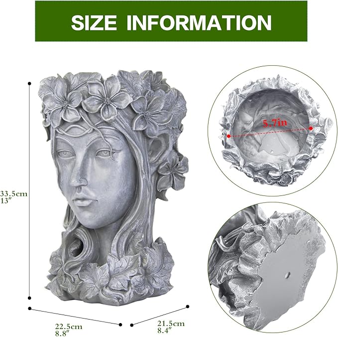 Sungmor Creative Goddess Head Planter Statue for Garden Ornaments | 9×9×14 Inch Premium Resin | Cool Face Large Diameter Flower Pot for Patio Lawn Garden Yard Decor