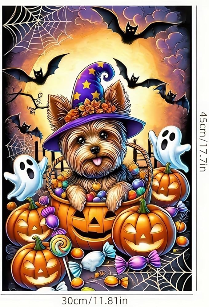 Halloween Garden Flag Double Sided 12x18 Flag Dog Ghosts Pumpkins Halloween Flag Yorkie Dog Witch Hat With Pumpkins Ghosts Bats Outdoor Halloween Decoration And Yard Lawn Banner