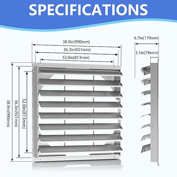 36 Inch Galvanized Shutter Exhaust Louver Vent, Automatic Gravity Shutter Louver Vent for Home Attics, Workshops, Barn, Greenhouse (Motor&Blades are not Included)