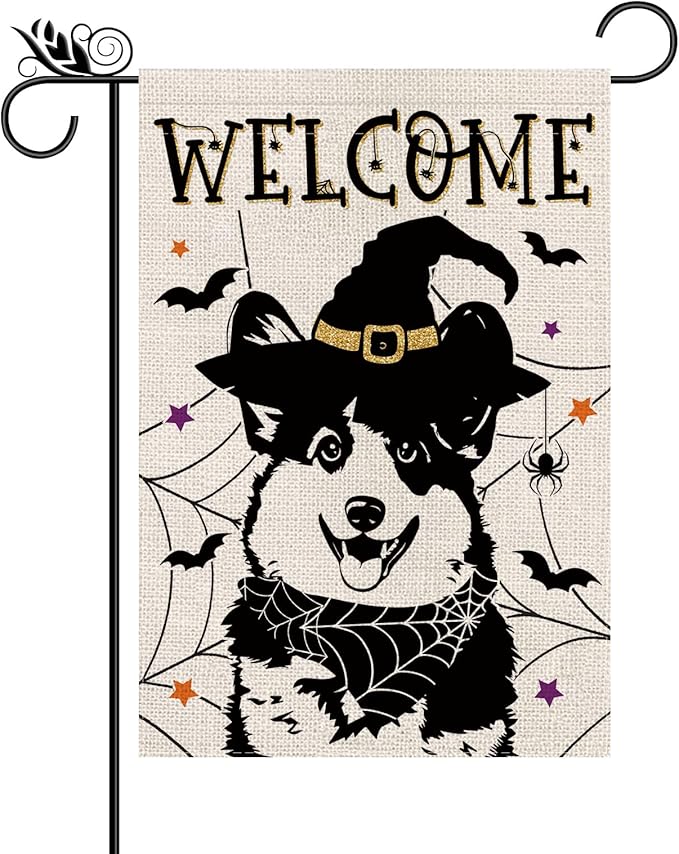 Halloween Garden Flag Corgi Cobweb Bats Double Sided Vertical Welcome Flag Holiday Outdoor Yard Lawn Decorations 12.5 x 18 Inch