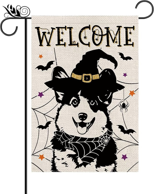 Halloween Garden Flag Corgi Cobweb Bats Double Sided Vertical Welcome Flag Holiday Outdoor Yard Lawn Decorations 12.5 x 18 Inch