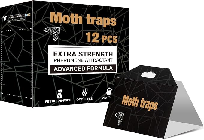 Upgraded Moth Traps, Double Potent Pantry & Clothes Traps with Pheromones Prime, No Toxic & Odorless Meal Moth Trap, Organic Sticky Moths Balls Repellent with Lure for Closet, Kitchens -12Pack