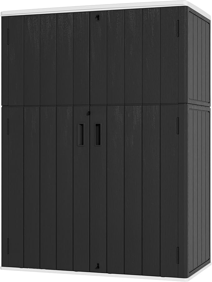 Vertical Outdoor Storage Cabinets, Plastic Sheds&Outdoor Storage with Floor,Outdoor Storage Box Waterproof/Lockable for Garage,Bike,Tools Storage Shed (57Cu.ft-Black White)