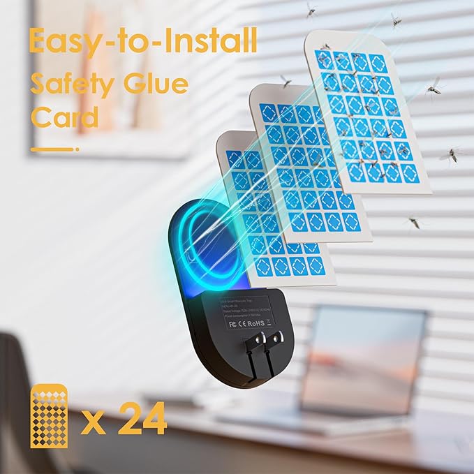 Flying Insect Trap, 2 in 1 Indoor Plug-in Fruit Fly Trap, 4 Trap Black and 24 Glue Cards, Fruit Fly Traps for Gnat, Moth, Mosquito, Suitable for Every Part of The Home