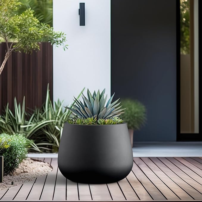 Kante Curva Series Planter, 14.8 Inch Round Concrete Garden Pot with Draiange Hole and Rubber Plug, Suitable for Indoor Plants, Home, Garden, Patio, Black