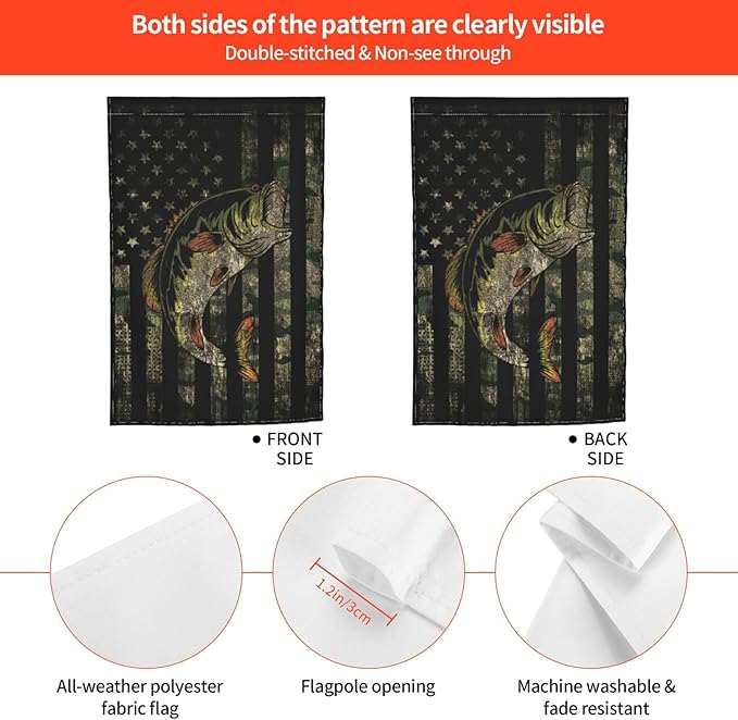 Bass Fishing Camo Camouflage American Flag Green Black Garden Flag Welcome Party Outdoor Outside Decorations Picks Home House Garden Yard Decor 12x18 Inch