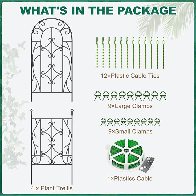 4 Pack Metal Garden Trellis for Climbing Plants, Black Metal Garden Trellis for Vines Plant Rose Vegetable Support,Large Decorative Outdoor Trellis