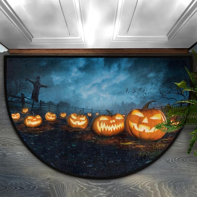 cfpolar Halloween Half Round Door Mat, Semicircle Pumpkin Doormat, Non Slip Area Rug, Soft, Wear Resistant, 24 x 36 in