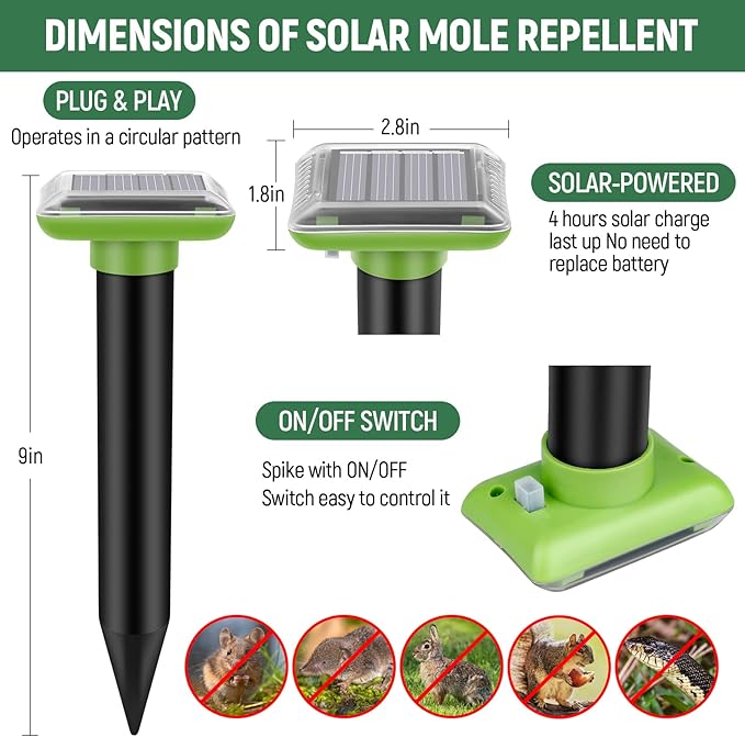Mole Repellent Solar Powered,2025 Upgraded Vole Repellent Ultrasonic Solar Powered,Mole Repeller Outdoor for Lawns Garden Yard,Gopher Trap Killer for Gopher,Squirrel(2 Pack)