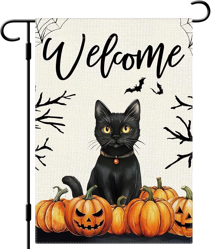 DLZDN Welcome Halloween Black Cat Garden Flag Jack O Lantern Flag 12×18 Inch Double Side Vertical Burlap Farmhouse Yard Sign Holiday Seasonal Outdoor House Decoration