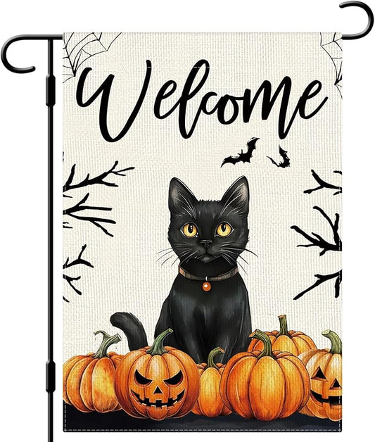 DLZDN Welcome Halloween Black Cat Garden Flag Jack O Lantern Flag 12×18 Inch Double Side Vertical Burlap Farmhouse Yard Sign Holiday Seasonal Outdoor House Decoration