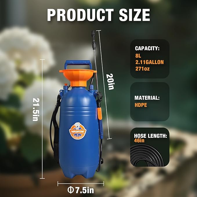 WRS1580 2.11 Gallon Pump Pressure Sprayer, Lawn & Garden Water Spray Bottle for Pests Controlling, Garden Watering and Household Cleaning
