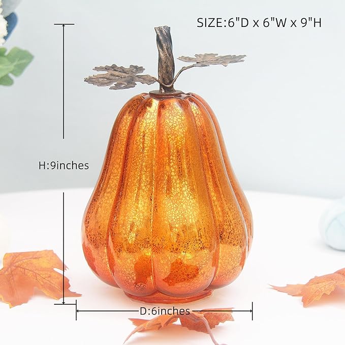 Mercury Glass Pumpkin Lights with Timer, Battery Operated Led Pumpkin Lights for Halloween Fall,Thanksgiving Rustic Decor (Gold Leafy, 9")