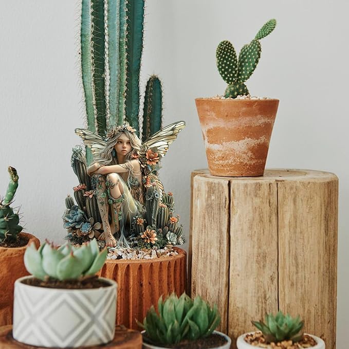 Fairy Garden Stake Decor, 2D Flat Acrylic Fairy Garden Decor Panel, Elf Yard Sign for Outdoor Indoor Yard Lawn Plants Pots, Fairy Garden Accessories (Cactus Fairy)