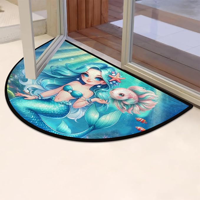 cfpolar Half Round Door Mat, Cute Mermaid Semi Circle Area Rug, Non Slip Area Rug Soft Doormat for Front Door Indoor Entrance Wear Half Moon Rug for Kitchen Bedroom Patio Fireplace 24 x 36 in