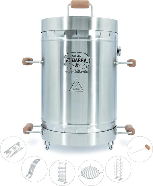 EL BARRIL 30lbs Grill & Smoker Barrel, Stainless Steel Charcoal Smoker Grill – Portable Outdoor Smokers with Grilling Accessories