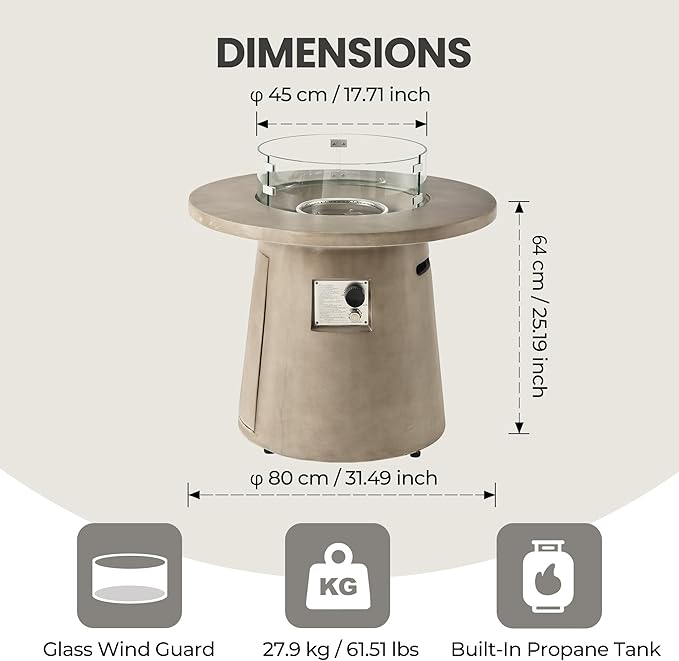 HOMPUS Outdoor Fire Pit Gray Propane Fire Table 31-inch Round Concrete Propane Fire Pit with Lava Rocks and Rain Cover 40,000 BTU Gas Smokeless Fire Pit for Outside Patio,Garden,Deck,Backyard