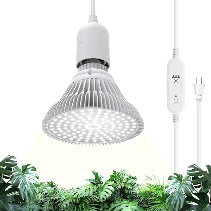 Hanging Grow Lights for Indoor Plants, 25W Full Spectrum, White Plant Light Bulb with Timer, 16.4FT Power Cord, 5000K, Pendant or Ceiling Installation, Perfect for Tall Plants, and Plant Shelf