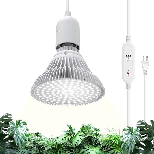 Hanging Grow Lights for Indoor Plants, 25W Full Spectrum, White Plant Light Bulb with Timer, 16.4FT Power Cord, 5000K, Pendant or Ceiling Installation, Perfect for Tall Plants, and Plant Shelf